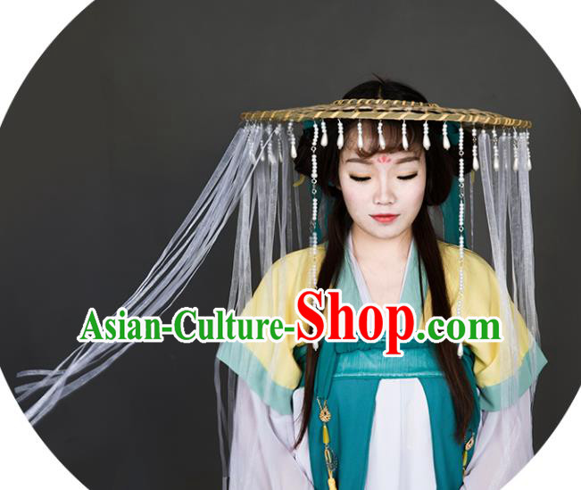 Chinese Traditional Ancient Goddess Beads Tassel Headwear Handmade Hanfu Female Swordsman White Ribbon Bamboo Hat