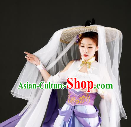 Chinese Traditional Ancient Princess Headwear Handmade Hanfu Female Swordsman White Veil Bamboo Hat