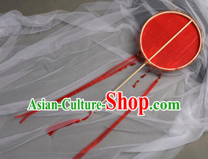 Chinese Handmade Hanfu Red Ribbon Silk Fan Accessories Decoration Traditional Ancient Princess Palace Fan for Women