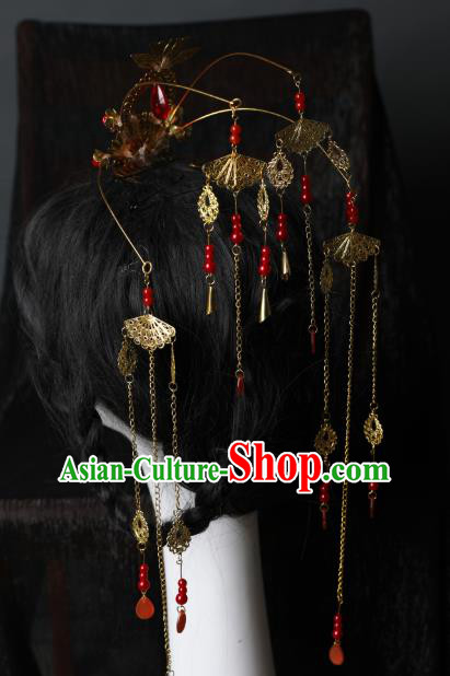 Chinese Traditional Ancient Princess Golden Tassel Hair Crown Hanfu Hair Accessories Wedding Headwear for Women