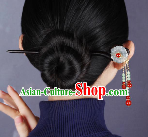 Chinese Traditional Cloisonne Hsiuyen Jade Flower Hairpins Hair Accessories Decoration Handmade Hair Accessories Ebony Hair Clip for Women