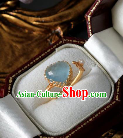 Baroque Handmade Aquamarine Ring Jewelry Accessories European Novel Design Golden Finger Ring for Women