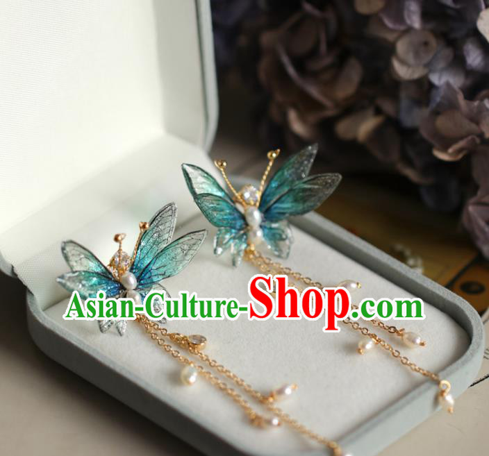 Princess Handmade Earrings Fashion Jewelry Accessories Classical Pearls Tassel Green Butterfly Eardrop for Women