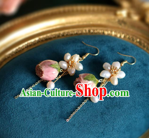 Princess Handmade Tassel Pearls Earrings Fashion Jewelry Accessories Classical Preserved Flower Eardrop for Women