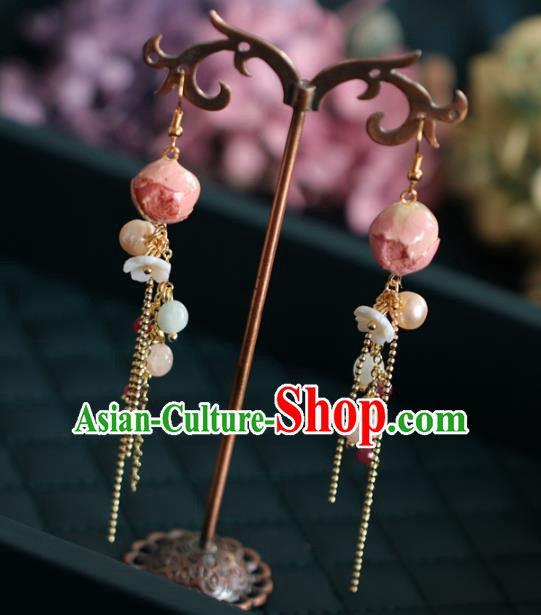 Princess Handmade Golden Tassel Earrings Fashion Jewelry Accessories Classical Pink Preserved Flower Eardrop for Women