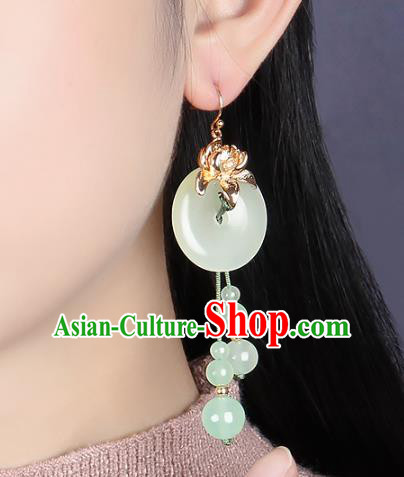 Traditional Chinese Green Beads Tassel Ear Accessories Handmade Eardrop National Cheongsam Peace Buckle Earrings for Women