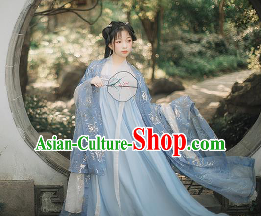 Chinese Tang Dynasty Princess Blue Cape Blouse and Dress Traditional Hanfu Garment Ancient Noble Female Historical Costumes Full Set