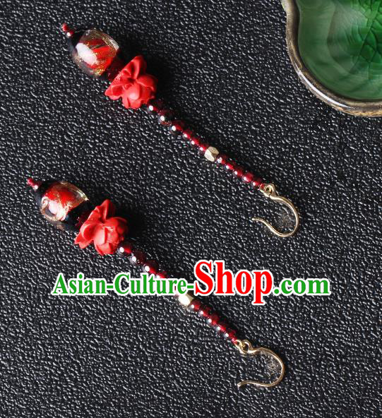 Traditional Chinese Garnet Beads Ear Accessories Handmade Eardrop National Cheongsam Red Rose Earrings for Women