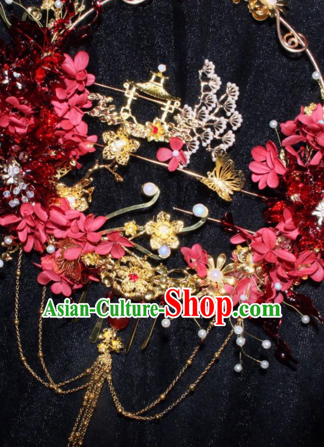 Top Grade Chinese Classical Wedding Red Flowers Round Fan Accessories Handmade Ancient Bride Palace Fans for Women
