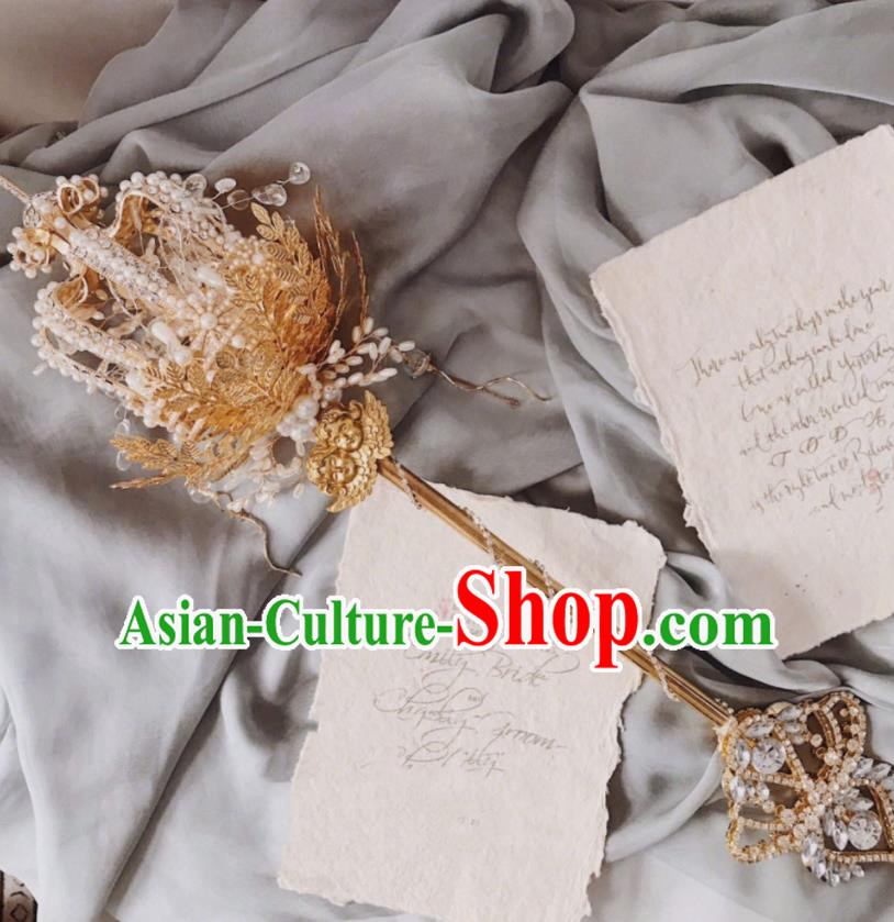 Baroque Princess Pearls Bridal Bouquet Handmade Wedding Accessories Photography Prop Queen Golden Scepter for Women