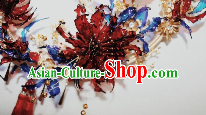 Top Grade Chinese Classical Wedding Round Fan Accessories Handmade Ancient Bride Red Spider Lily Palace Fans for Women