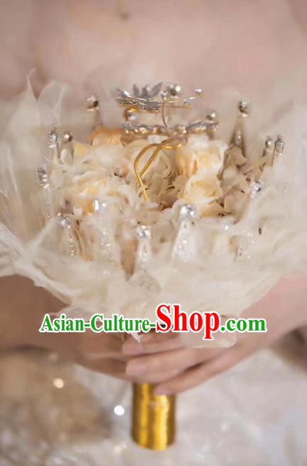 Baroque Princess Beige Leaf Bridal Bouquet Handmade Wedding Accessories Photography Prop Bride Crystal Flowers for Women