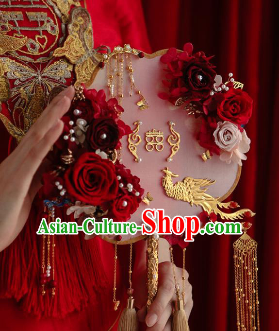 Top Grade Chinese Classical Wedding Tassel Round Fan Accessories Handmade Ancient Bride Red Roses Palace Fans for Women