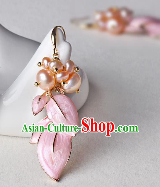 Traditional Chinese Pink Leaf Ear Accessories Handmade Eardrop National Cheongsam Pearls Earrings for Women