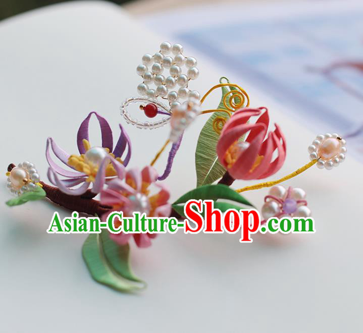 Handmade Chinese Classical Pearls Hair Accessories Ancient Princess Silk Flowers Hairpins Hanfu Headwear for Women