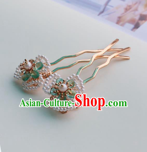 Handmade Chinese Classical Green Flower Hair Accessories Traditional Hanfu Headwear Ancient Princess Beads Hairpins for Women