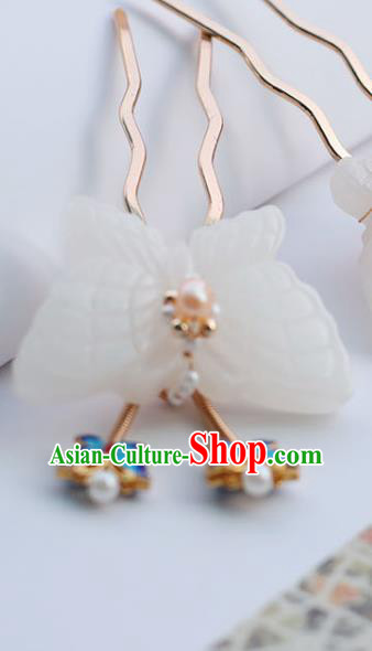 Handmade Chinese Classical Ming Dynasty Hair Accessories Traditional Hanfu Headwear Ancient Princess Jade Butterfly Hairpins for Women