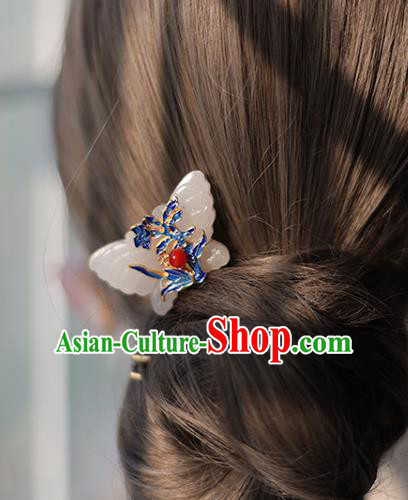 Handmade Chinese Classical Ming Dynasty Cloisonne Hair Accessories Traditional Hanfu Headwear Ancient Princess Jade Butterfly Hairpins for Women
