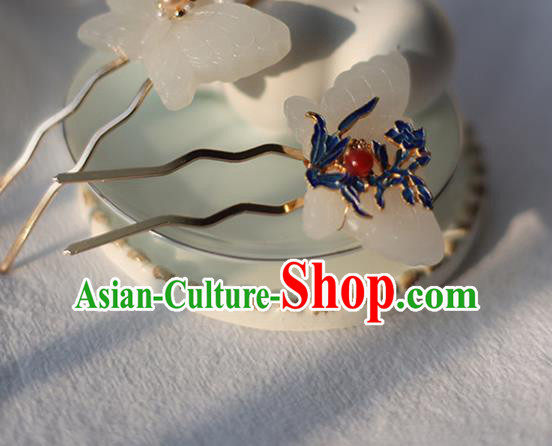 Handmade Chinese Classical Ming Dynasty Cloisonne Hair Accessories Traditional Hanfu Headwear Ancient Princess Jade Butterfly Hairpins for Women