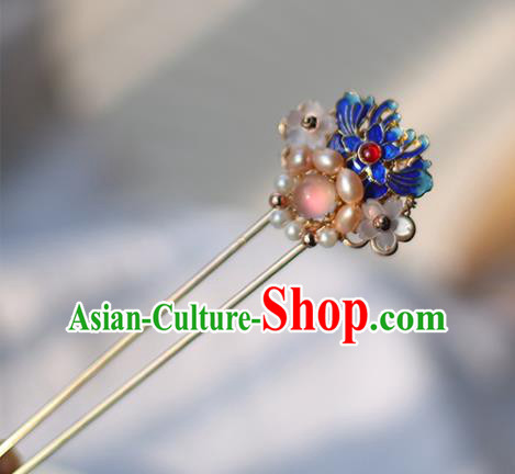 Handmade Chinese Classical Ming Dynasty Cloisonne Lotus Hair Accessories Traditional Hanfu Headwear Ancient Princess Pearls Hairpins for Women