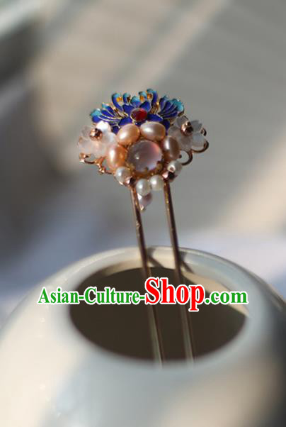 Handmade Chinese Classical Ming Dynasty Cloisonne Lotus Hair Accessories Traditional Hanfu Headwear Ancient Princess Pearls Hairpins for Women