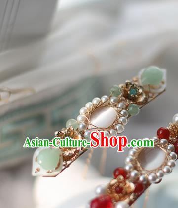 Handmade Chinese Tang Dynasty Green Stone Opal Hair Clip Traditional Classical Hanfu Hair Accessories Ancient Princess Pearls Hairpins for Women