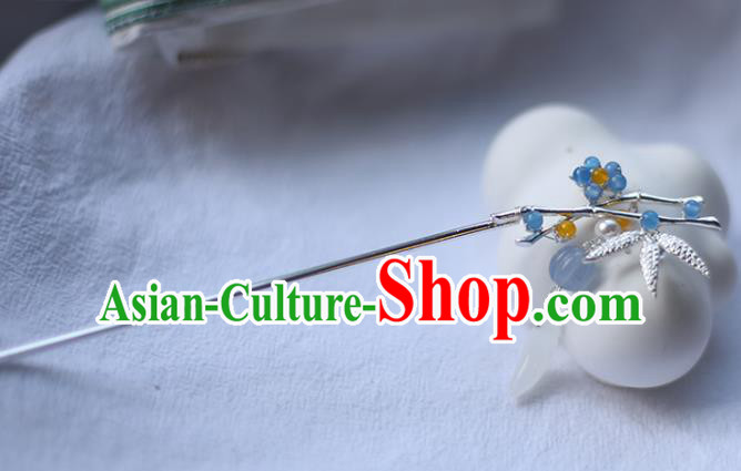 Handmade Chinese Argent Bamboo Leaf Hair Clip Traditional Classical Hanfu Hair Accessories Ancient Princess Blue Plum Hairpins for Women
