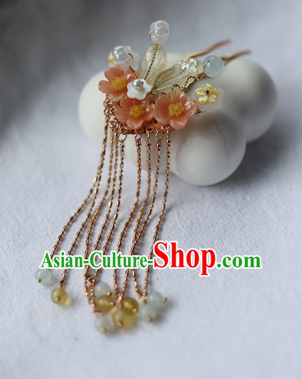Handmade Chinese Golden Tassel Hair Clip Traditional Classical Hanfu Hair Accessories Ancient Princess Pink Plum Hairpins for Women