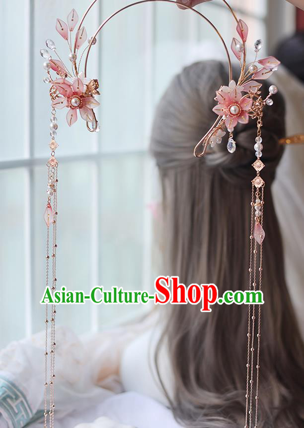 Chinese Classical Pink Flowers Hair Crown Traditional Hanfu Hair Accessories Handmade Tassel Hairpins Hair Clasp