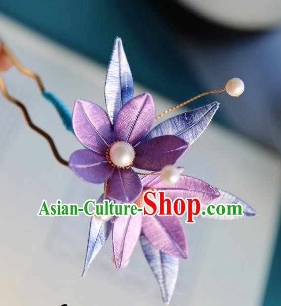 Handmade Chinese Purple Silk Flowers Hairpins Traditional Classical Hair Accessories Ancient Princess Hair Clip for Women