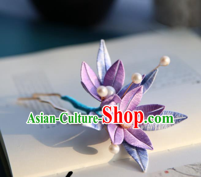 Handmade Chinese Purple Silk Flowers Hairpins Traditional Classical Hair Accessories Ancient Princess Hair Clip for Women