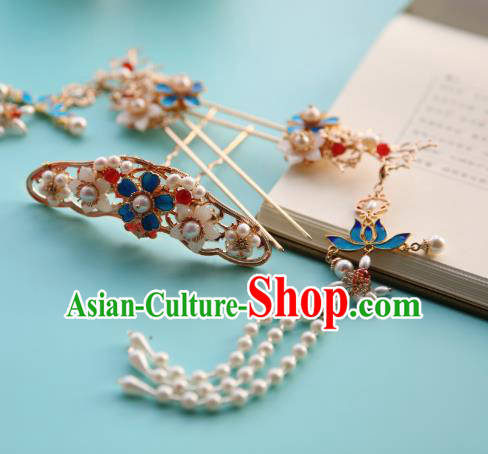 Chinese Classical Ming Dynasty Hair Crown Traditional Hanfu Hair Accessories Handmade Tassel Hairpins Complete Set for Women