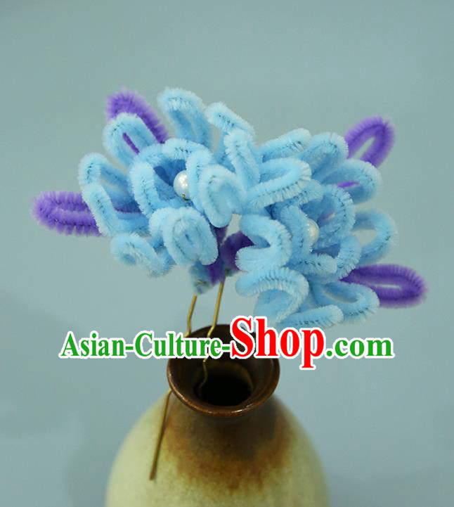 Handmade Chinese Qing Dynasty Blue Velvet Chrysanthemum Hairpins Traditional Classical Hair Accessories Ancient Imperial Consort Hair Clip for Women