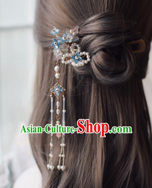 Handmade Chinese Pearls Tassel Hair Clip Traditional Classical Hanfu Hair Accessories Ancient Princess Blue Flowers Hairpins for Women