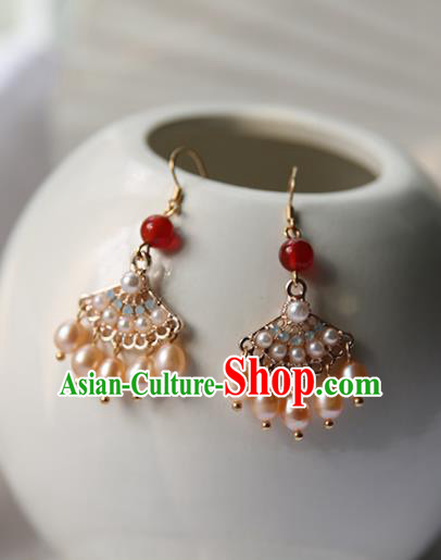 Traditional Chinese Handmade Golden Earrings Ancient Hanfu Court Pearls Tassel Ear Accessories for Women