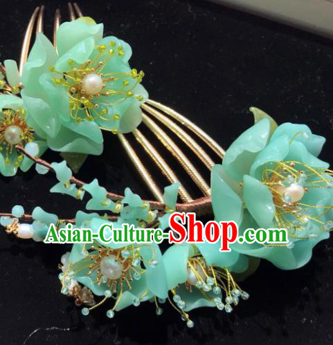 Handmade Chinese Court Flowers Hair Comb Traditional Classical Hair Accessories Ancient Qing Dynasty Green Peony Hairpins for Women