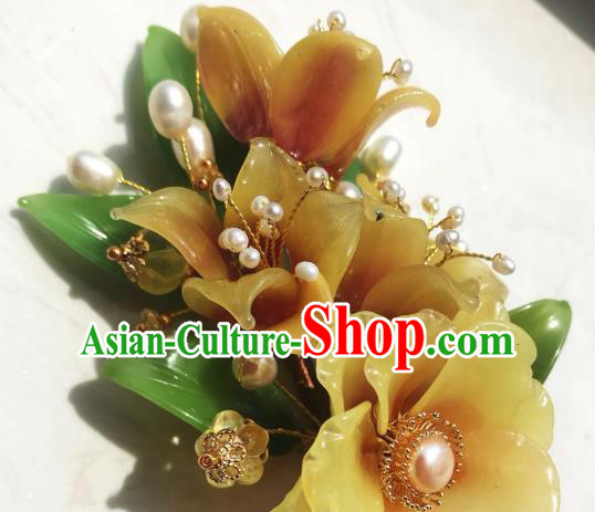 Handmade Chinese Court Pearls Hairpins Traditional Classical Hair Accessories Ancient Qing Dynasty Princess Yellow Flowers Hair Clip for Women
