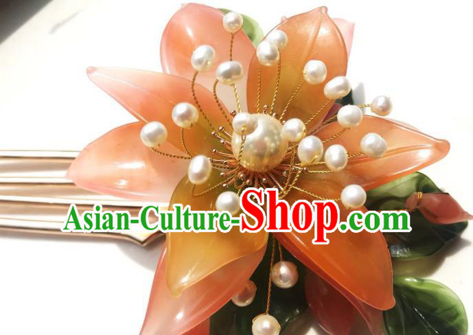 Handmade Chinese Court Red Flower Hairpins Traditional Classical Hair Accessories Ancient Qing Dynasty Princess Hair Comb for Women
