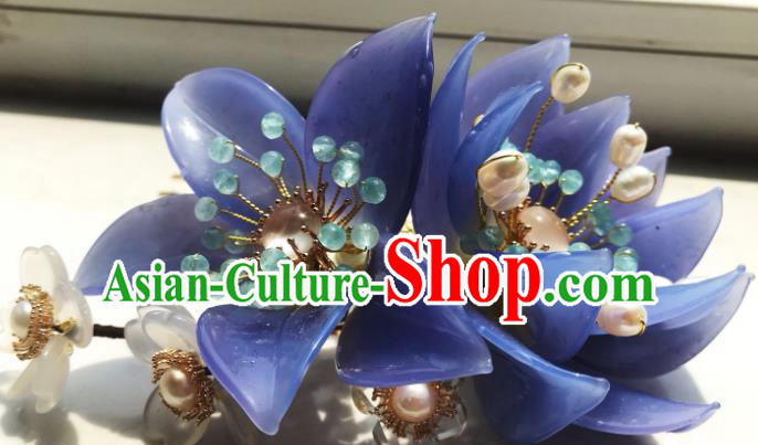 Handmade Chinese Court Chalcedony Hairpins Traditional Classical Hair Accessories Ancient Qing Dynasty Princess Blue Lotus Hair Comb for Women