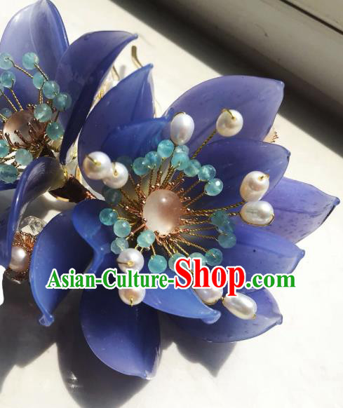 Handmade Chinese Court Chalcedony Hairpins Traditional Classical Hair Accessories Ancient Qing Dynasty Princess Blue Lotus Hair Comb for Women