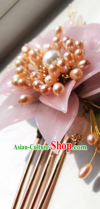 Handmade Chinese Court Pearls Hairpins Traditional Classical Hair Accessories Ancient Qing Dynasty Princess Pink Lotus Hair Comb for Women