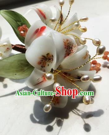 Handmade Chinese Court Pearls Hairpins Traditional Classical Hair Accessories Ancient Qing Dynasty Princess White Lily Flowers Hair Clip for Women