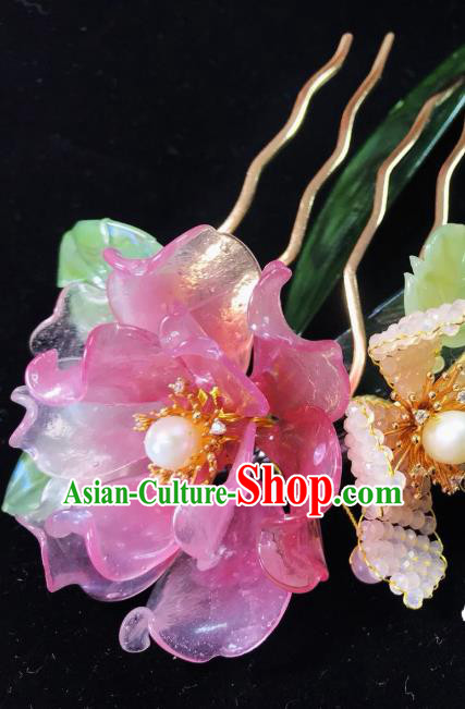 Handmade Chinese Court Beads Leaf Hairpins Traditional Classical Hair Accessories Ancient Qing Dynasty Pink Peony Hair Comb for Women