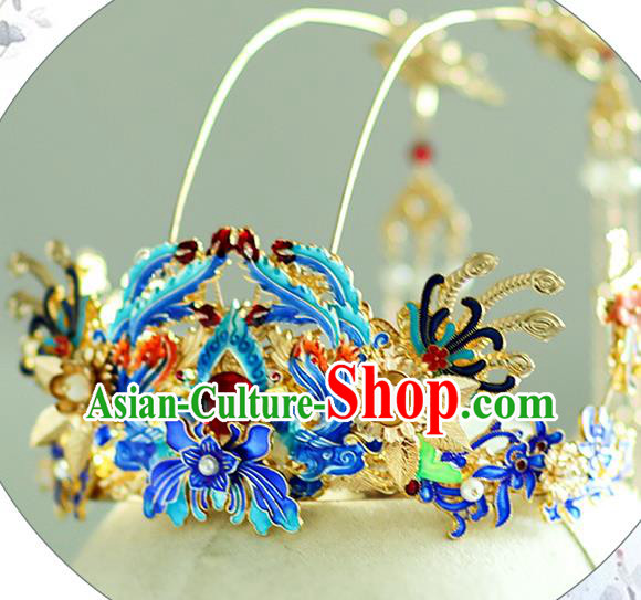 Chinese Classical Ming Dynasty Blueing Hair Crown Traditional Hanfu Hair Accessories Handmade Tassel Phoenix Coronet for Women