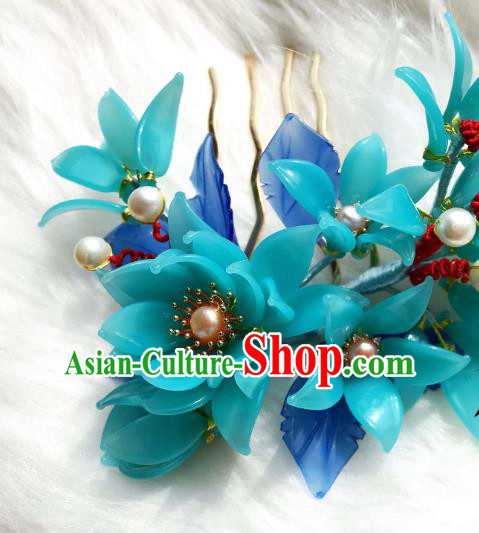 Handmade Chinese Court Blue Peach Blossom Hair Comb Traditional Classical Hair Accessories Ancient Qing Dynasty Hairpins for Women