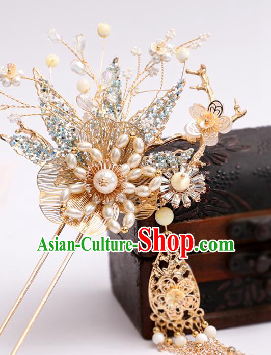 Chinese Classical Wedding Pearls Hair Crown Traditional Hanfu Hair Accessories Handmade Bride Tassel Golden Hairpins Complete Set