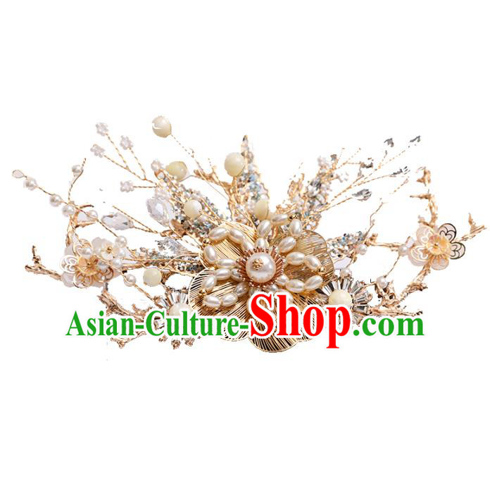 Chinese Classical Wedding Pearls Hair Crown Traditional Hanfu Hair Accessories Handmade Bride Tassel Golden Hairpins Complete Set