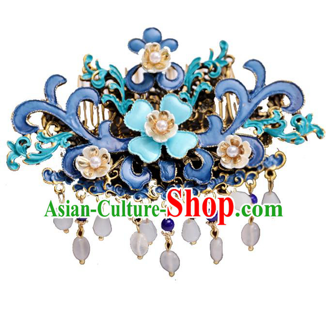 Chinese Classical Wedding Blue Hair Comb Traditional Hanfu Hair Accessories Handmade Bride Tassel Hairpins Complete Set