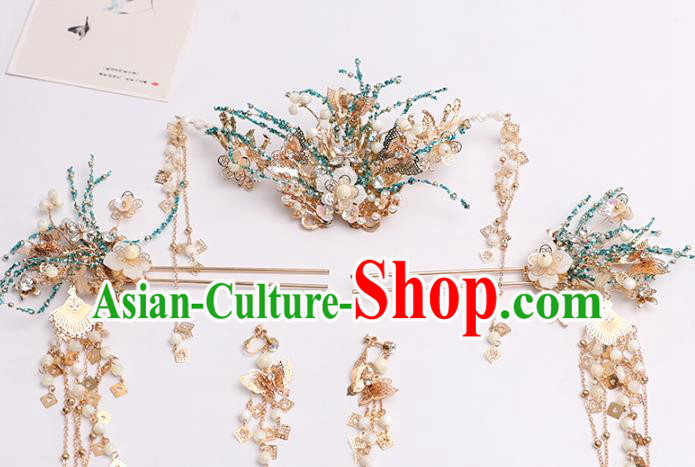 Chinese Classical Wedding Blue Beads Hair Comb Traditional Bride Hair Accessories Handmade Hanfu Tassel Hairpins Complete Set