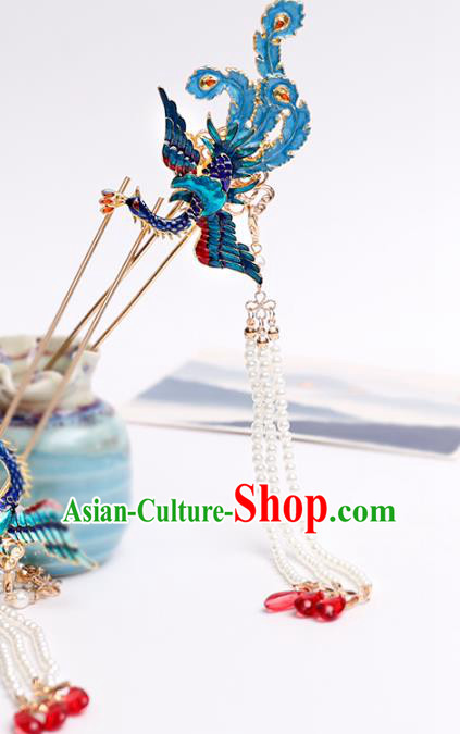 Handmade Chinese Classical Blue Phoenix Hairpins Traditional Hair Accessories Ancient Beads Tassel Hair Clip for Women